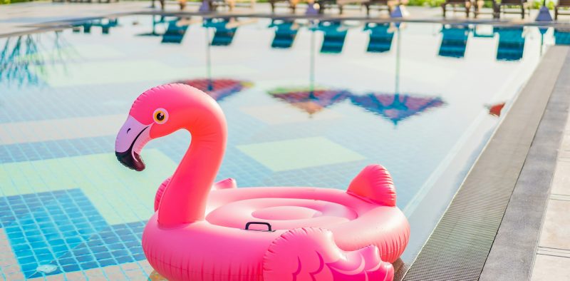 Flamingo float around swimming pool in hotel resort with umbrella and chair in hotel resort